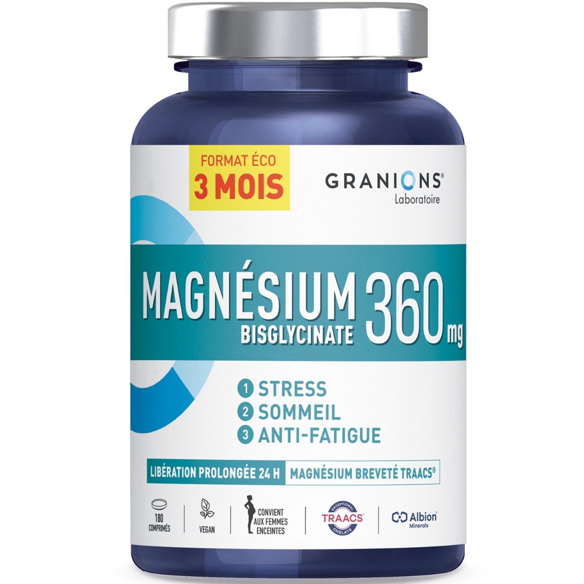 Granions Bisglycinate de Magnésium - 60 comprimés - 360 mg - Haute Biodisponibilité - 