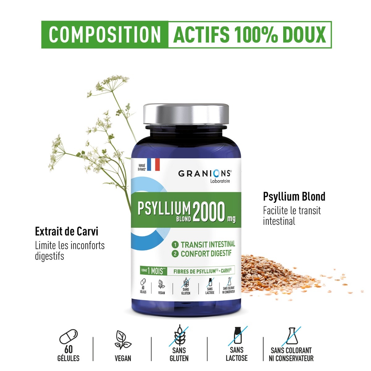 Psyllium blond GRANIONS 2000mg avec Magnésium + Pruneau + Mauve actifs