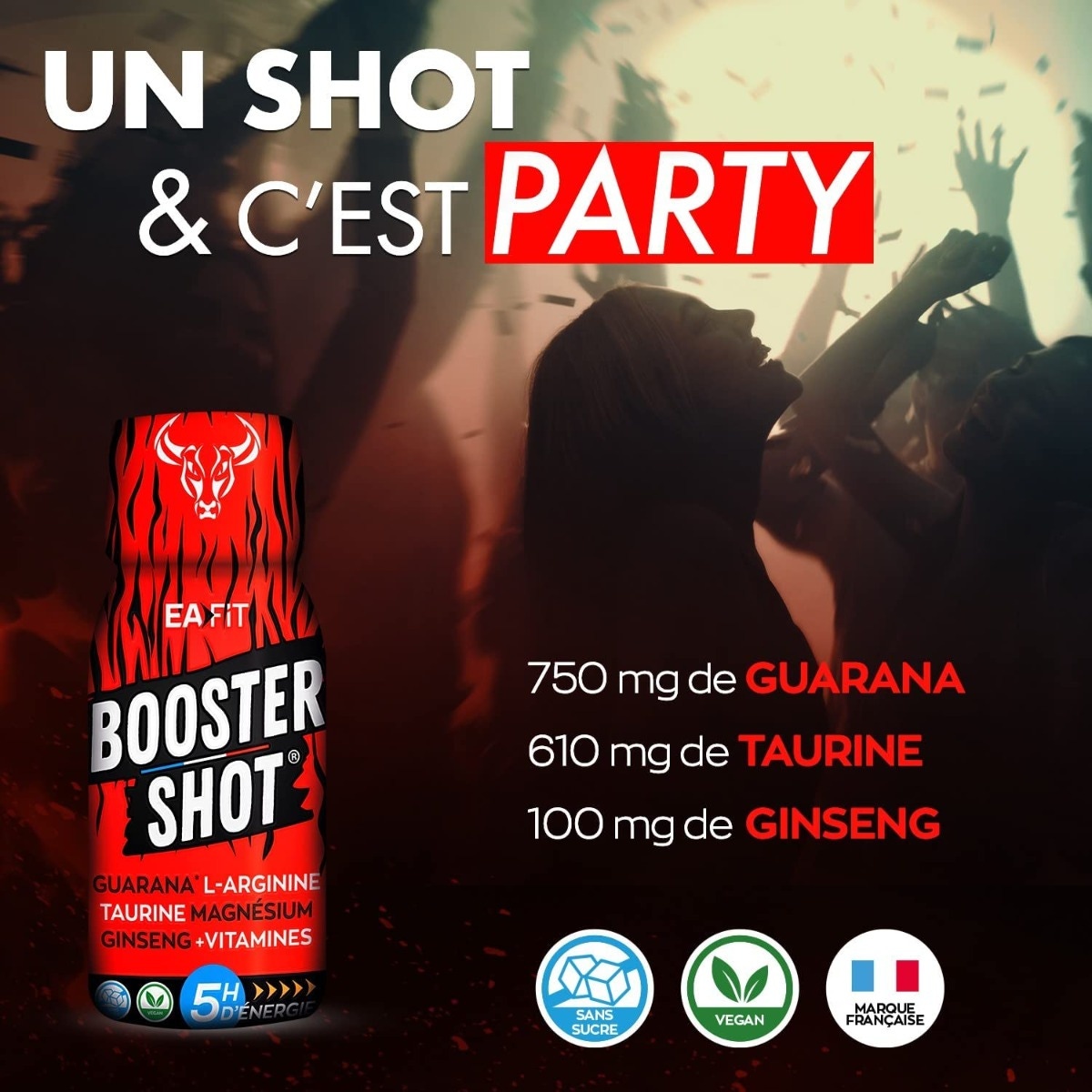 EAFIT Booster Shot - 5h d'énergie naturelle - Guarana - L-Arginine - Taurine - Magnésium - Ginseng - Vitamines - Boite de 20
