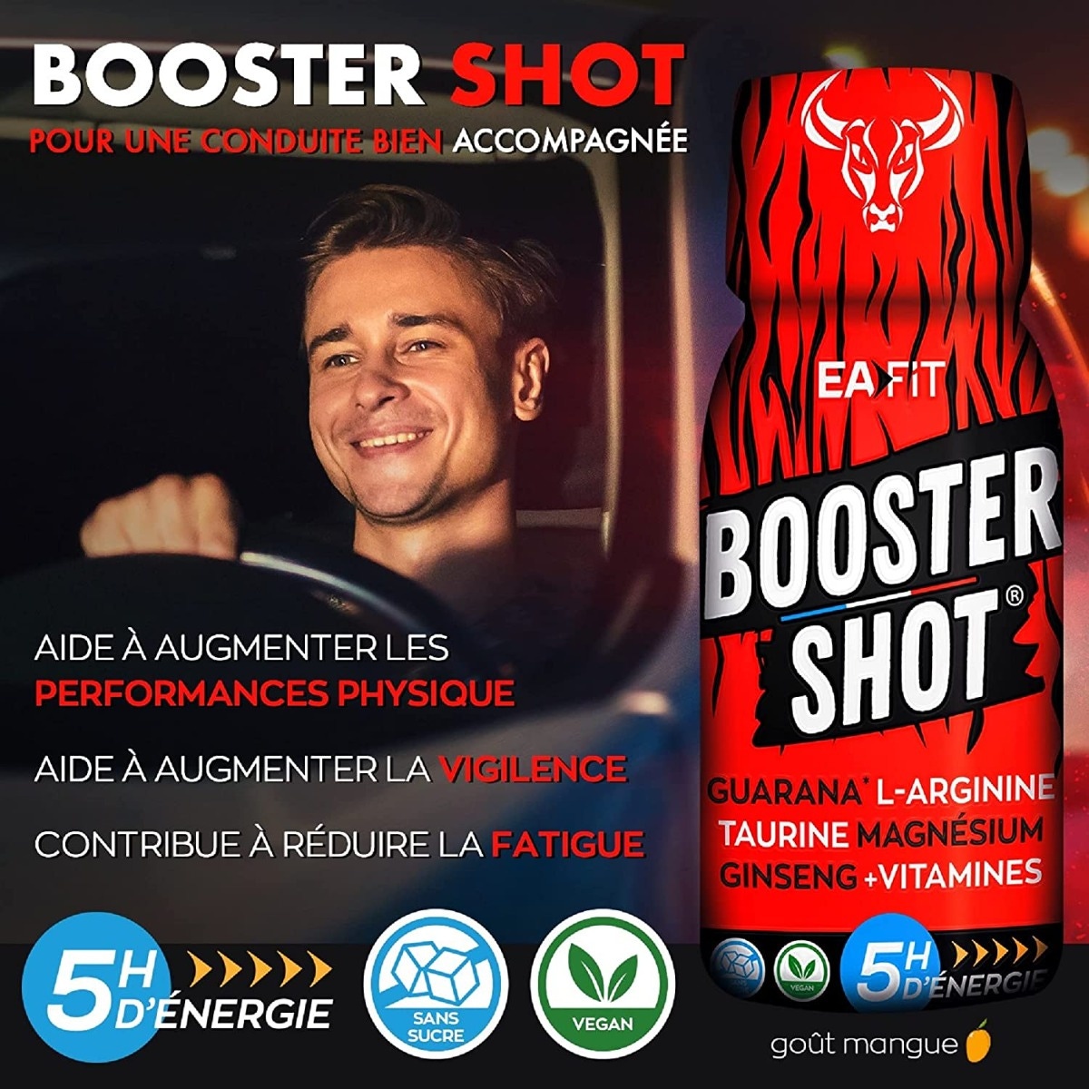 EAFIT Booster Shot - 5h d'énergie naturelle - Guarana - L-Arginine - Taurine - Magnésium - Ginseng - Vitamines - Boite de 20