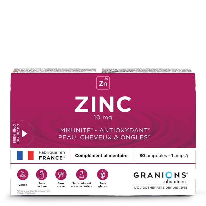 GRANIONS de Zinc 10 mg - face - Contribue à l'immunité, la préservation du stress oxydatif, la croissance des cheveux et des ongles